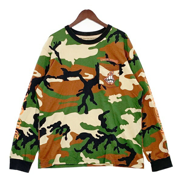 【中古】Chrome hearts×MATTY BOY クロムハーツ マッティボーイ 22SS コーションロングスリーブTシャツ ロンT 長袖 カットソー カモフラ 迷彩柄 メンズ XXLサイズ 大きいサイズ カーキ/ブラウン トップス DM15989■