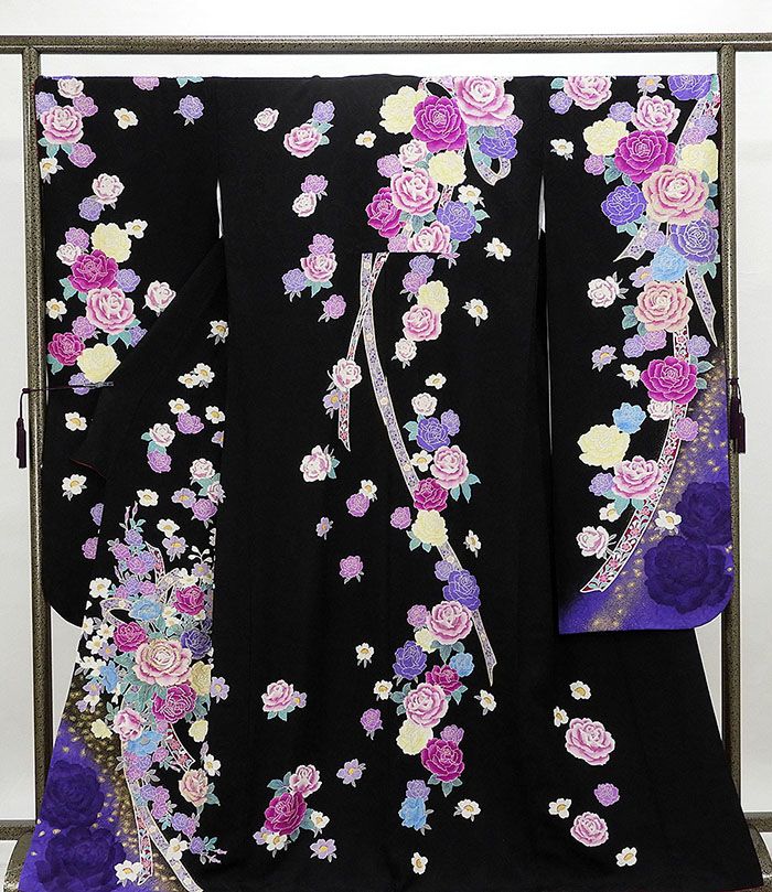 60％割引＼半額50％OFF+10％クーポン／振袖 正絹 薔薇熨斗目模様 身丈168cm 裄丈70cm 振袖 美品 リサイクル 着物 e0908