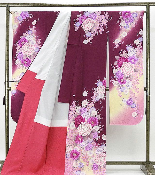 振袖 新品仕立済 正絹 薔薇牡丹模様 振袖 新品 仕立て上がり 着物 e1002