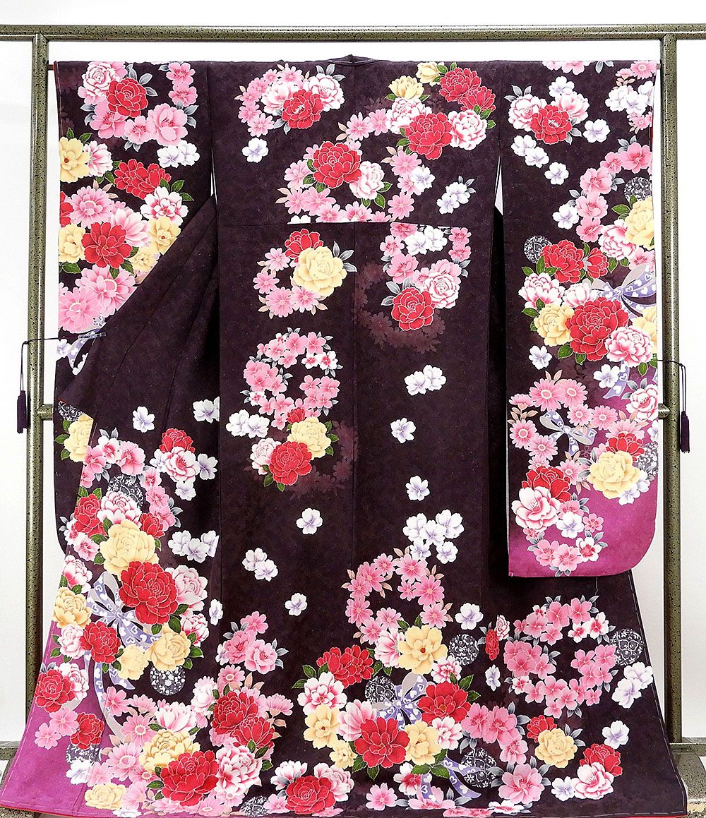 振袖 新品仕立済 正絹 薔薇リボン模様 振袖 新品 仕立て上がり 着物 e1026