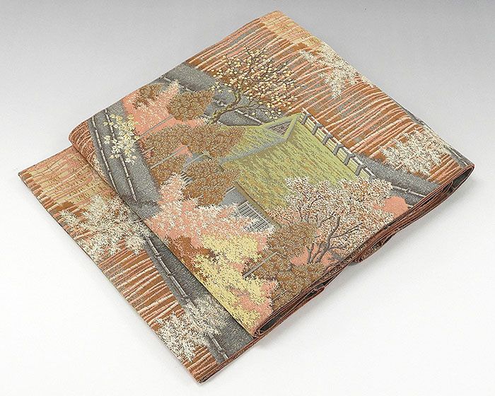 袋帯 正絹 萬葉 家屋風景模様 袋帯 美品 リサイクル