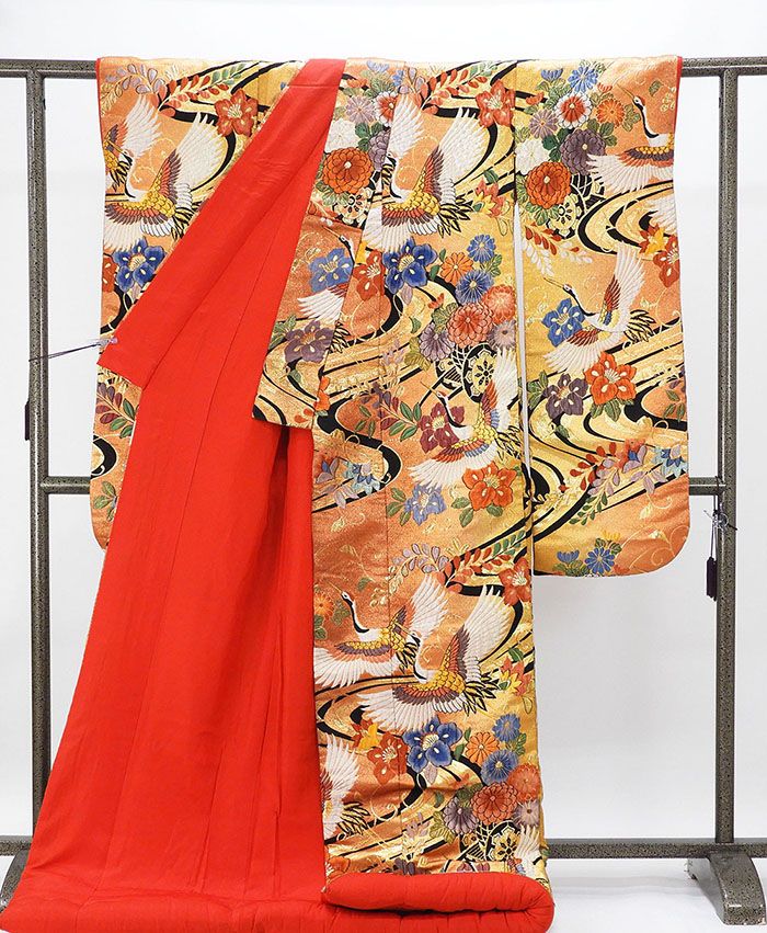 色打掛 正絹 流水 舞鶴 四季花車 打掛 花嫁衣裳 婚礼 美品 中古 リサイクル ブライダル ウエディング 着物 e3225