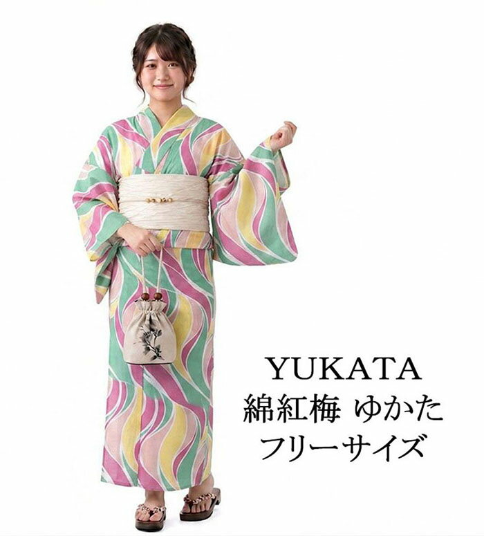 ■□■□■□■□■□■□■□■□■□■□■□■□■□ 【商品説明】 綿紅梅・浴衣です。 肌に張り付かずさらッとした涼しい着心地が特徴の綿紅梅ゆかたです。 お祭りや夏のお出掛けを素敵に彩る、肌ざわりの良いさらりとした風合い。 やや透け感がある生地ですので、スリップなどのインナー着用をおすすめします。 ◆色：浅緑・ローズピンク・卵色 ◆柄：幾何模様 ◆SIZE：身丈163cm／袖丈49cm／裄丈67cm ◆適応身長：152cm～167cm ◆品質／綿100％ ◆生地・縫製／中国 ※帯や下駄・バッグなどは含まれません。ゆかた単品販売となります。 ■新品仕立済■ ■□■□■□■□■□■□■□■□■□■□■□■□■□◆◇新品からリサイクル・中古まで。。着物や帯・和装小物が勢揃い。。◆◇