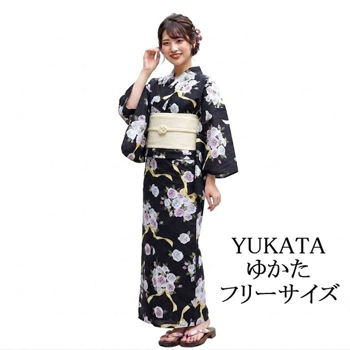 Rakuten - 浴衣 レディース 単品 綿浴衣 薔薇 リボン プレタ浴衣 ゆかた 綿 女性 大人 フリーサイズ x0502