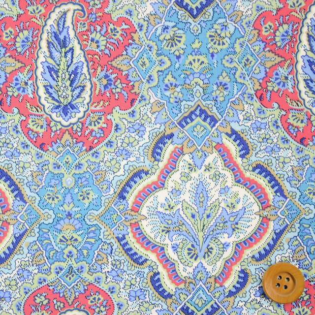 リバティプリント タナローン生地（Guerino グエリーノ）レッド＆ライトブルー【3333113L】