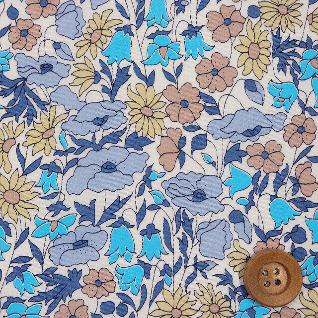 リバティプリント タナローン（Poppy & Daisy ベージュ＆ブルー/ネオンカラー）ポピー＆デイジー【02-3632104N・J22G】