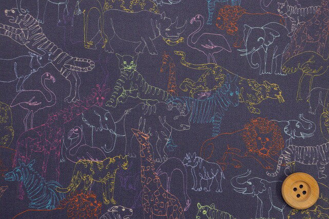 リバティ・ファブリックス オーガニックタナローン【ラミネート加工】（Neon Safari ネオン・サファリ）ネイビー【25-157J74910・25BU】