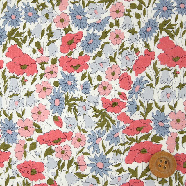 リバティプリント タナローン（Poppy & Daisy ポピー＆デイジー）アッシュ/ブルー&レッド【3632104・XE】