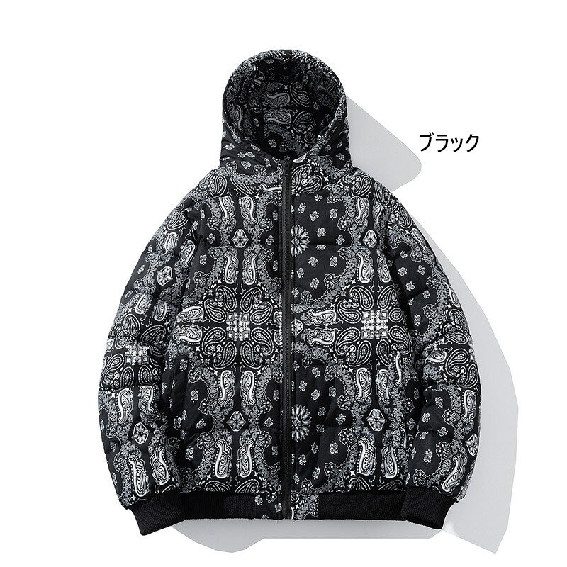 バンダナ柄 ダウン フード ジャケット ペイズリー柄 中綿ブルゾン Paisley bandana...