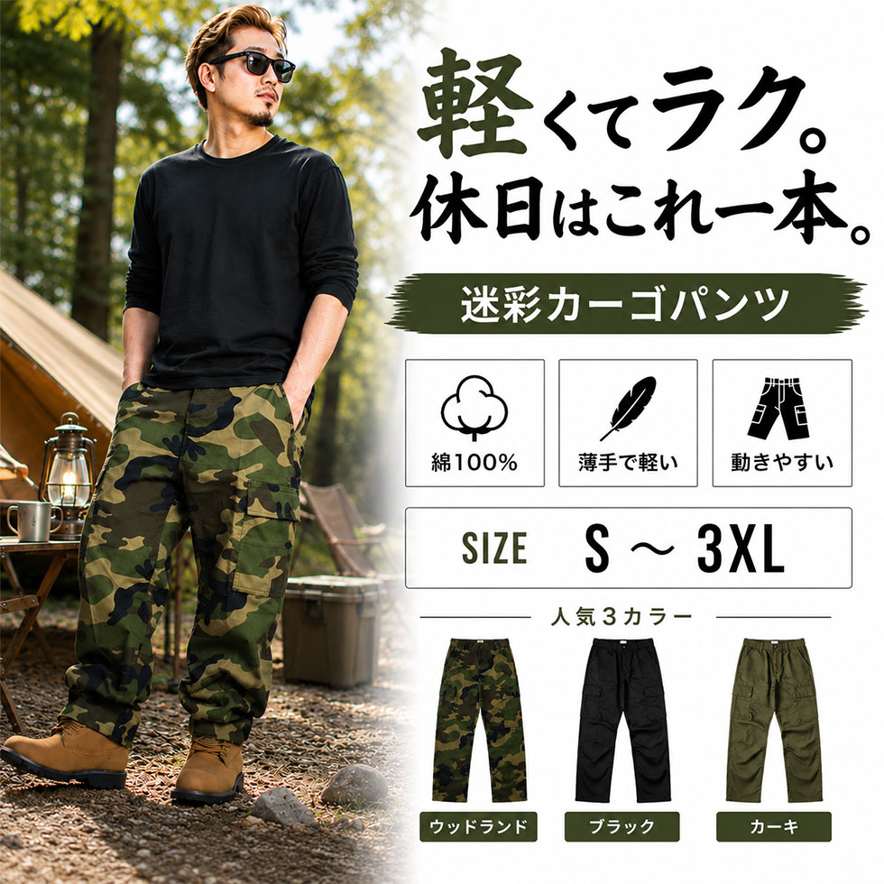迷彩 カーゴパンツ メンズ レディース 綿100% 6ポケット 作業着 Y2K パラシュート...