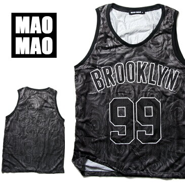 総柄デザイン BROOKLYN メッシュバスケットシャツ メンズ ポリエステル100% 春夏用 S-XL【大きいサイズ バックプリント メッシュ タンクトップ ストリート系 ゲームシャツ ダンス衣装 メンズ トップス レディース スケーター 花柄 ペアルック】