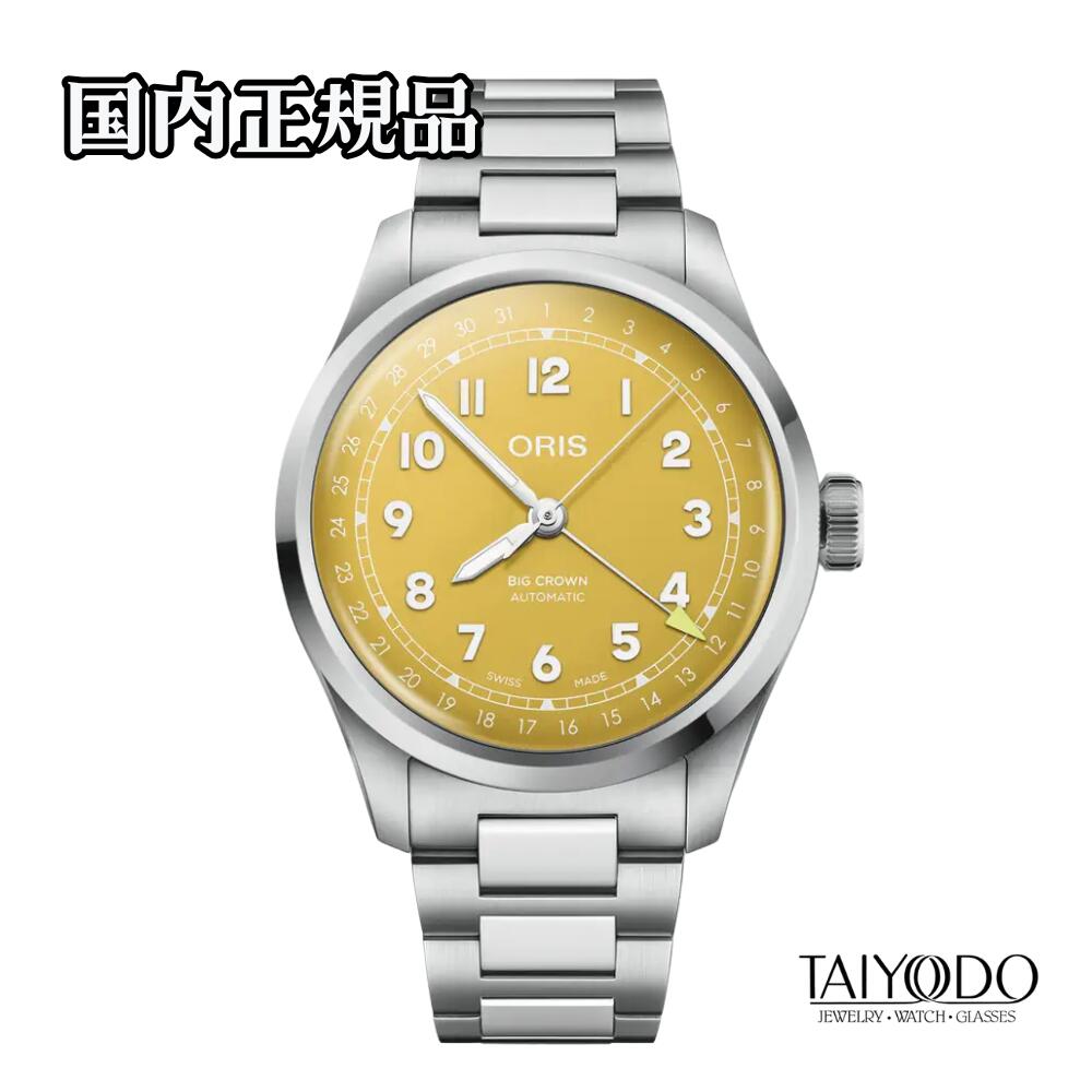 Big Crown Pointer Date（Ref.01 754 7798 4069-07 8 20 06） 自動巻｜40.0mm｜ポインターデイト｜5気圧防水 鮮やかなイエローダイヤルが印象的な、ビッグクラウン ポインターデイト。 1938年の誕生以来、流行に左右されないデザインで支持され続けるオリスの象徴的モデルです。 直径40mmのステンレススティールケースに、快適な装着感のHリンクブレスレットを採用。 中央の針で日付を指し示すポインターデイト機構が、クラシカルな個性を演出します。 ■ 基本情報 ・参考価格：￥341,000（税込） ・ケースサイズ：40.0mm ・ケース素材：ステンレススティール ・防水性能：5気圧防水 ・ラグ幅：20mm ■ ムーブメント ・キャリバー：Oris 754-1 ・自動巻（28,800振動／時） ・パワーリザーブ：約41時間 ・機能：センター時分針／ポインターデイト／クイック日付調整／秒針停止機能 ■ ストラップ ・ステンレススティール（Hリンクブレス） ■ 太陽堂のご案内 ・愛知県豊橋で70年以上続く老舗時計店 ・正規販売店ならではの安心のアフターサポート ・プレゼントラッピング対応（ご注文時にカラー選択可） ・安心の正規販売店 ■ 付属品・保証（ORIS） ・メーカー保証：国際メーカー保証2年（MyOris登録で最大3年） ・付属品：ボックス／取扱説明書／保証書 ※数値は参考値です。閲覧環境により実物と色味が異なる場合があります。Big Crown Pointer Date 自動巻｜40.0mm｜ポインターデイト｜5気圧防水 鮮やかなイエローダイヤルが目を引く、オリスのアイコンモデル。 1938年誕生のビッグクラウンは、時代を超えて愛され続ける不朽のデザインです。 実用性に優れた自動巻ムーブメントと、個性際立つポインターデイト表示を搭載。 ■ 仕様 ・ケース：ステンレススティール（40.0mm） ・防水：5気圧防水 ・ムーブメント：自動巻 Oris 754-1（約41時間） ・ブレスレット：ステンレススティール（Hリンク） ■ 付属品・保証（ORIS） ・国際メーカー保証2年（MyOris登録で最大3年） ・ボックス／取扱説明書／保証書 ※数値は参考値です。