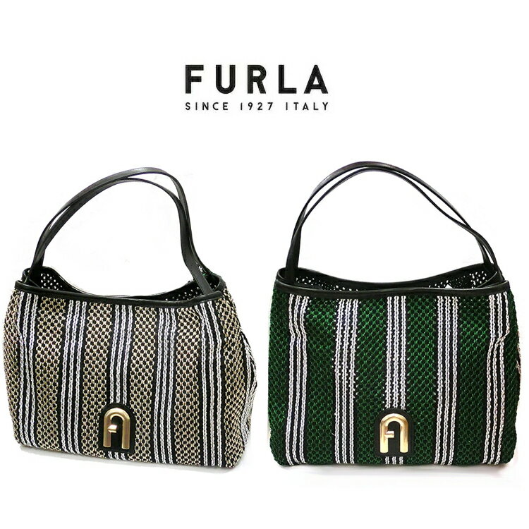 フルラ トートバッグ ハンドバッグ FURLA WB00919 レディース ブランドバッグ ストライプロープ プリムラ Primula ホーボーバッグ L ソレントカーフスキン グリーン ストライプ メッシュ あみあみ カゴバッグ 大容量 A4 緑 鞄 カバン 大きい ロゴ 並行輸入品