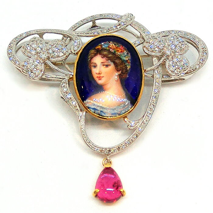 PT900 ブローチ K18(18金ゴールド) K14WG レディース フォーマル 正装 1点もの ファッション小物 トルマリン ダイヤモンド エマーユ クリス...