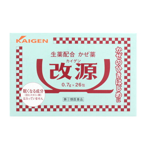 ※商品リニューアル等によりパッケージ及び容量は変更となる場合があります。ご了承ください。 医薬品に関する注意文言 使用期限は6ヶ月以上先のものをお送りします。 商品紹介 ■かぜのひきはじめののどの痛みや、頭痛などの症状に効くかぜ薬です。 ■かぜの諸症状に効く洋薬成分に加えて、3種類の生薬成分(カンゾウ末、ケイヒ末 、ショウキョウ末)が自己治癒力を高め、体の回復を助けます。 ■眠くなったり、口が渇いたり、尿が出にくくなる成分(抗ヒスタミン剤)や便秘を 起こしやすい成分(ジヒドロコデインリン酸塩)が入っていない非ピリン系のかぜ薬です。 ■お子様から大人まで家族みなさんで服用いただけます。 ■改源は粉末のお薬で、服用しやすいように味や香りを工夫しています。 医薬品の販売について ●使用上の注意 ■■してはいけないこと■■ (守らないと現在の症状が悪化したり、副作用・事故が起こりやすくなります) 1.次の人は服用しないでください (1)本剤又は本剤の成分によりアレルギー症状を起こしたことがある人。 (2)本剤又は他のかぜ薬、解熱鎮痛薬を服用してぜんそくを起こしたことがある人。 2.本剤を服用している間は、次のいずれの医薬品も使用しないでください 他のかぜ薬、解熱鎮痛薬、鎮静薬、鎮咳去痰薬 3.服用前後は飲酒しないでください 4.長期連用しないでください ■■相談すること■■ 1.次の人は服用前に医師、薬剤師又は登録販売者に相談してください (1)医師又は歯科医師の治療を受けている人。 (2)妊婦又は妊娠していると思われる人。 (3)授乳中の人。 (4)高齢者。 (5)薬などによりアレルギー症状を起こしたことがある人。 (6)次の症状のある人。 高熱 (7)次の診断を受けた人。 甲状腺機能障害、糖尿病、心臓病、高血圧、肝臓病、腎臓病、 胃・十二指腸潰瘍 2.服用後、次の症状があらわれた場合は副作用の可能性があるので、直ちに服用を 中止し、この説明文書を持って医師、薬剤師又は登録販売者に相談してください 「関係部位」 「症状」 皮 膚 : 発疹・発赤、かゆみ 消化器 : 吐き気・嘔吐、食欲不振 精神神経系 : めまい その他 : 過度の体温低下 まれに下記の重篤な症状が起こることがあります。その場合は直ちに医師の診療を 受けてください。 「症状の名称」ショック(アナフィラキシー) 「症 状」服用後すぐに、皮膚のかゆみ、じんましん、声のかすれ、くしゃみ、 のどのかゆみ、息苦しさ、動悸、意識の混濁等があらわれる。 「症状の名称」皮膚粘膜眼症候群(スティーブンス・ジョンソン症候群)、 中毒性表皮壊死融解症、急性汎発性発疹性膿疱症 「症 状」高熱、目の充血、目やに、唇のただれ、のどの痛み、皮膚の広範囲 の発疹・発赤、赤くなった皮膚上に小さなブツブツ(小膿疱)が出る、 全身がだるい、食欲がない等が持続したり、急激に悪化する。 「症状の名称」肝機能障害 「症 状」発熱、かゆみ、発疹、黄疸(皮膚や白目が黄色くなる)、褐色尿、 全身のだるさ、食欲不振等があらわれる。 「症状の名称」腎障害 「症 状」発熱、発疹、尿量の減少、全身のむくみ、全身のだるさ、関節痛 (節々が痛む)、下痢等があらわれる。 「症状の名称」間質性肺炎 「症 状」階段を上ったり、少し無理をしたりすると息切れがする・息苦しく なる、空せき、発熱等がみられ、これらが急にあらわれたり、持続したりする。 「症状の名称」ぜんそく 「症 状」息をするときゼーゼー、ヒューヒューと鳴る、息苦しい等があらわれる。 3.5〜6回服用しても症状がよくならない場合は服用を中止し、この説明文書を持って医師、 薬剤師又は登録販売者に相談してください ●効能・効果 かぜの諸症状(のどの痛み、せき、たん、悪寒、発熱、頭痛、関節の痛み、筋肉の痛み)の緩和 ●用法・用量 次の1回量を1日3回、食後なるべく30分以内に茶湯又は湯水で服用してください。 「 年 齢 」 15才以上 「1 回 量 」 1包 「 年 齢 」 11才以上〜15才未満 「1 回 量 」 2/3包 「 年 齢 」 7才以上〜11才未満 「1 回 量 」 1/2包 「 年 齢 」 3才以上〜7才未満 「1 回 量 」 1/3包 「 年 齢 」 1才以上〜3才未満 「1 回 量 」 1/4包 「 年 齢 」 1才未満 「1 回 量 」 服用させないでください 【用法・用量に関連する注意】 (1)定められた用法・用量を厳守してください。 (2)小児に服用させる場合には、保護者の指導監督のもとに服用させてください。 (3)2才未満の乳幼児には、医師の診療を受けさせることを優先し、止むを得ない 場合にのみ服用させてください。 ●成分・分量 3包(2.1g)中に次の成分を含んでいます。 「成 分」 アセトアミノフェン 「含 量」 900mg 「作 用」 熱を下げ、頭痛、関節の痛みなどをやわらげます。 「成 分」 dl‐メチルエフェドリン塩酸塩 「含 量」 30mg 「作 用」 せきをしずめ、のどを楽にします。 「成 分」 無水カフェイン 「含 量」 75mg 「作 用」 頭痛をやわらげます。 「成 分」 カンゾウ末 「含 量」 200mg 「作 用」 せきをしずめ、たんを出しやすくします。これらの生薬成分は、 自己治癒力を高め、体の回復を助けます。 「成 分」 ケイヒ末 「含 量」 200mg 「作 用」 頭痛をやわらげ、熱を下げます。これらの生薬成分は、自己治癒力 を高め、体の回復を助けます。 「成 分」 ショウキョウ末 「含 量」 100mg 「作 用」 せきをしずめます。これらの生薬成分は、自己治癒力を高め、体の 回復を助けます ○添加物としてアマチャ末、l-メントール、d-ボルネオール、チョウジ油、 バニリン、香料、無水リン酸水素カルシウムを含有します。 ●保管及び取扱いの注意 (1)直射日光の当たらない湿気の少ない涼しい所に保管してください。 (2)小児の手の届かない所に保管してください。 (3)1包を分割し服用した残りは、包み紙をもとどおりに折り返して保管し、 2日以内に服用してください。 (4)他の容器に入れ替えないでください。 (誤用の原因になったり品質が変わります。) (5)外箱に表示の使用期限を過ぎた製品は服用しないでください。 [その他の記載内容] 服用の際は、粉薬をこぼさないようにご注意ください。 1.包み紙を広げます。 2.四角又は三角になるように折り目をつけ、粉薬を中央に寄せます。 3.茶湯又は湯水を口に含み、服用してください。 【かぜを早く治すために】 ○暖かくしてよく眠り、身体を十分に休めましょう。 ○消化が良く栄養のある食事と水分の補給に心がけましょう。 ○入浴を控えて、酒・タバコは止めましょう。 ○部屋が乾燥しないよう気をくばりましょう。 ●お問い合わせ先 本製品についてのお問い合せは、お買い求めの薬局・薬店、または下記にお願い申し上げます。 カイゲンファーマ株式会社 お客様相談室 大阪市中央区道修町二丁目5番14号 06‐6202‐8911 9:00〜17:00(土曜、日曜、祝日を除く) 使用上の注意 副作用救済制度についての詳細は、PMDAにご相談ください。 フリーダイヤル0120-149-931 電話番号をよくお確かめのうえ、おかけください。 受付時間:午前9:00〜午後5:00 / 月〜金(祝日・年末年始を除く) Eメール:kyufu@pmda.go.jp ご注意（免責）＞必ずお読みください ご使用の際は、お薬の説明書をよくお読みのうえご使用下さい。 購入後のお問い合わせの際は、購入した店舗へお問い合わせ下さい。 広告文責:株式会社タンセラ 【メール便でご注文の際のご注意】 ■到着日時・時間の指定はできません。 ■代引きでの決済はできません。 ■他の商品との同梱はできません。