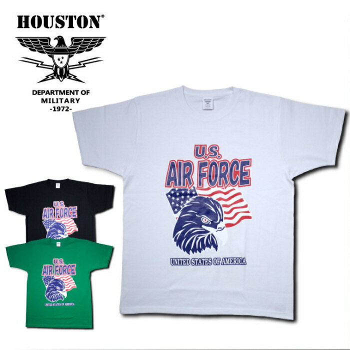 【50%OFF】HOUSTON プリント Tシャツ U.S.AIR FORCE アメリカンイーグル 21500 ホワイト/ブラック/グリーン （ヒューストン PRINT TEE USAF アメカジ ミリタリー 半袖 トップス 夏服 メンズ）