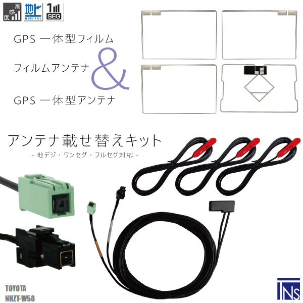 トヨタ TOYOTA ナビ NHZT-W58 対応 VR1 端子 GPS一体型ケーブル 1本 & スクエア型フィルムアンテナ 右1枚 左2枚 & GPS一体型フィルム 1枚 & アンテナコード 3本 セット 地デジ ワンセグ フルセグ 高感度