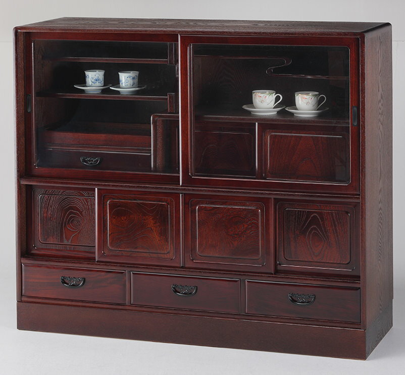 茶箪笥 和茶棚 M-62 三春 ケヤキ無垢 民芸色 幅120cm 静岡県産 開梱設置無料