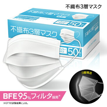 【50枚入り】【送料無料】【大人用・ふつうサイズ】不織布3層マスク 50枚入・使い捨てタイプ・3層構造・せき・くしゃみ・かぜ・ウイルス・ほこり・花粉対策・エチケット・衛生・安心・安全・通勤・やわらか・快適・家族用/IFD925ホワイト