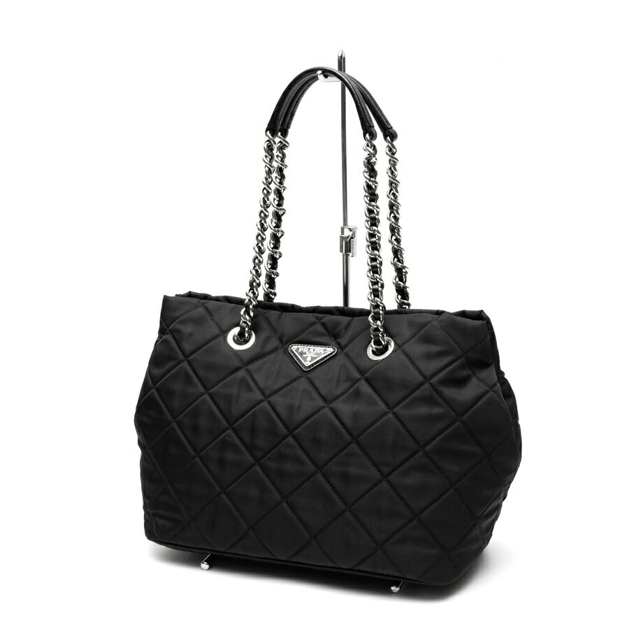 【中古】 プラダ / PRADA チェーン トートバッグ　1BG740 キルティング ナイロン　ブラック/シルバー金具 新入荷