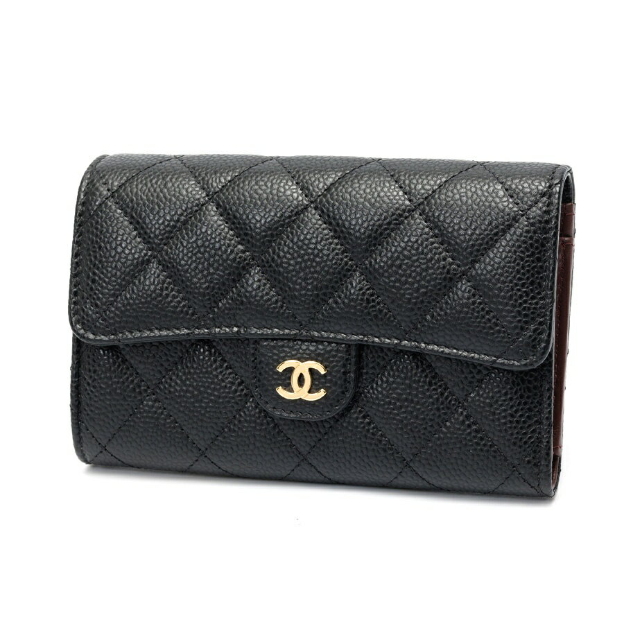 乐天商城 - 【中古】 シャネル / CHANEL マトラッセ ミディアム フラップウォレット 三つ折り財布 AP0232　キャビアスキン　ブラック/ゴールド金具 新入荷