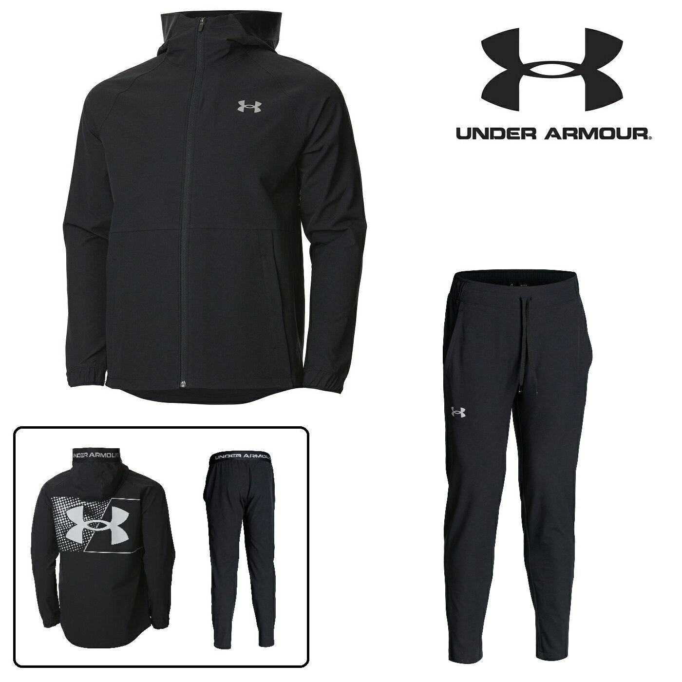 UNDER ARMOUR アンダーアーマー UA ブラッシュド ウーブン ジャケット・ブラッシュド ウーブン パンツ 上下セット（トレーニング/MEN）1375522/1375523（001/BLK：001/BLK）セットアップ フリース 裏起毛 撥水加工 トレーニングウエア 移動着 練習着