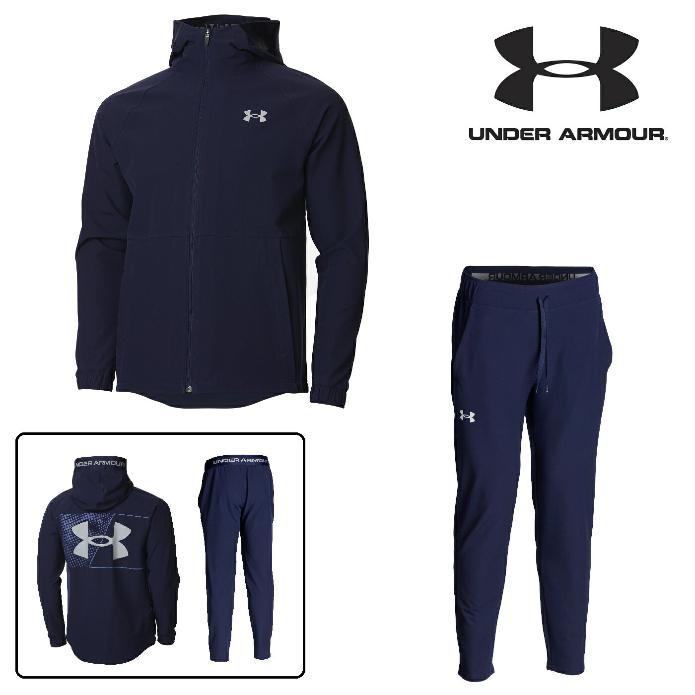 UNDER ARMOUR アンダーアーマー UA ブラッシュド ウーブン ジャケット・ブラッシュド ウーブン パンツ 上下セット（トレーニング/MEN）1375522/1375523（410/MDN：410/MDN）セットアップ フリース 裏起毛 撥水加工 トレーニングウエア 移動着 練習着