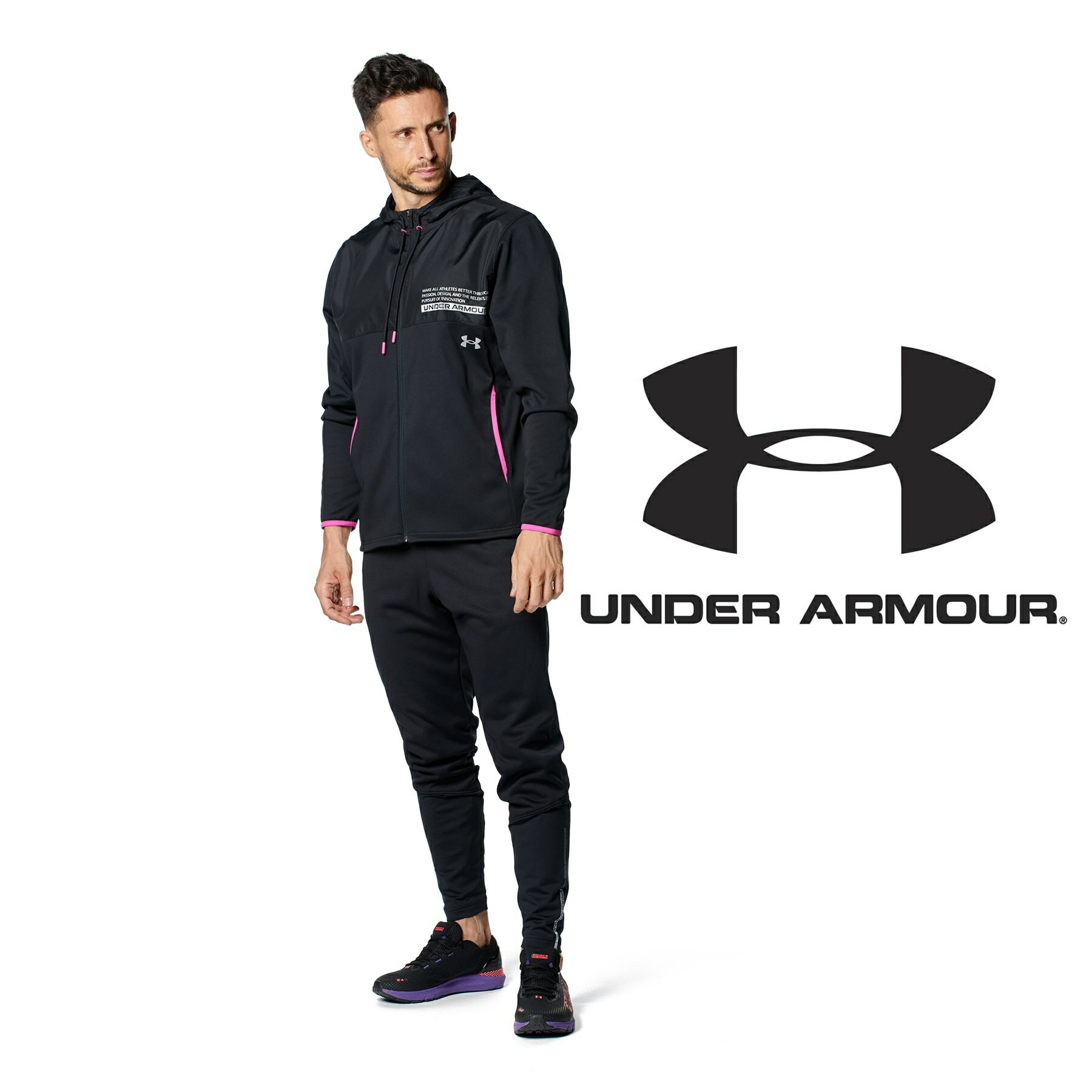 UNDER ARMOUR アンダーアーマー セットアップ UA アーマー フリース マックス フルジップ フーディー・ジョガーパンツ 上下 上下セット（トレーニング/MEN）1381325・1381328：001/001 ブラック トレーニングウエア 裏起毛 移動着 練習着 普段着 ジム着