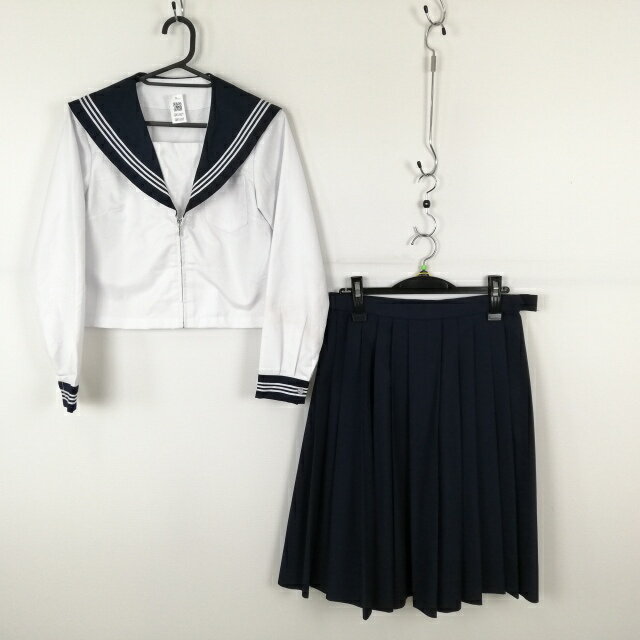 コスプレ セーラー服 スカート 上下2点セット M 白3本線 女子 学生服 中学 高校 白 制服 中古 GM1507