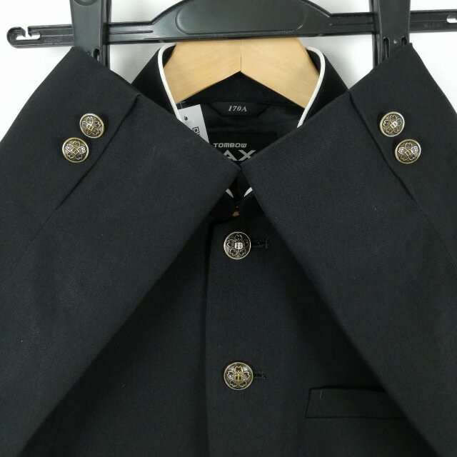 学生服 学ラン 170A 男子 トンボ 上着 丸洗い可 ウール混 標準型学生服 ラウンドカラー カシドス 黒 中古 ランクC a3 JJ7014