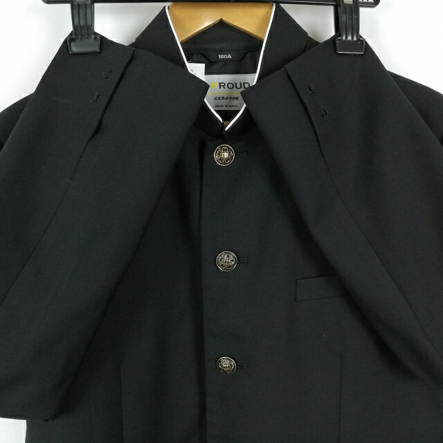 学生服 学ラン 180A 男子 富士ヨット 上着 丸洗い可 ウール混 標準型学生服 ラウンドカラー サージ 黒 中古 ランクC a3 JJ7023
