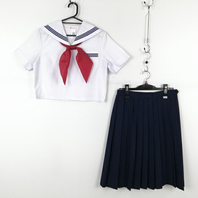 セーラー服 スカート スカーフ 上下3点セット カンコー 夏物 青3本線 女子 学生服 兵庫大的中学 白 制服 中古 ランクC EY8764