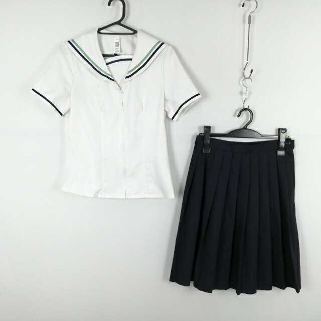 コスプレ セーラー服 スカート 上下2点セット M 緑青各1本線 女子 学生服 中学 高校 白 制服 中古 GM1477
