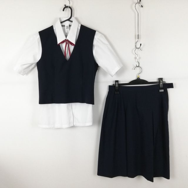 ベスト スカート 紐タイ 上下4点セット 夏物 女子 学生服 中学 高校 紺 制服 中古 ランクB NA3573