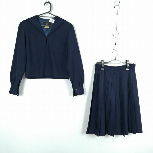 セーラー服 スカート 上下2点セット 冬物 青3本線 女子 学生服 中学 高校 紺 制服 中古 ランクC NA5057