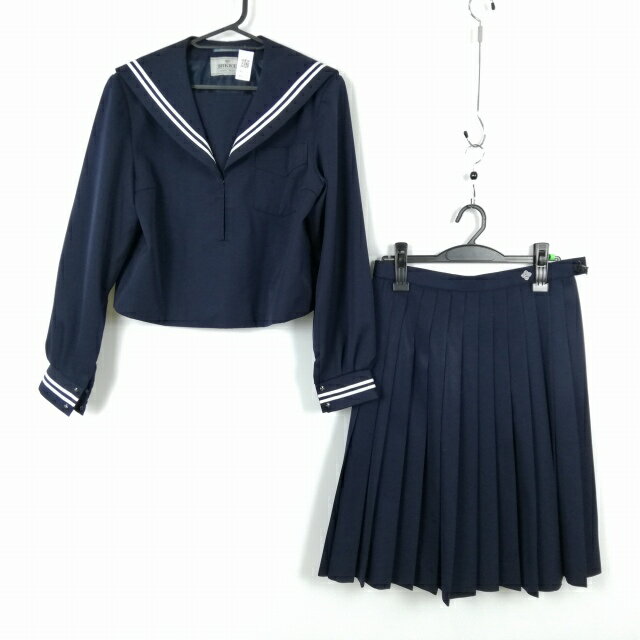 セーラー服 スカート 上下2点セット 大きいサイズ 冬物 白2本線 女子 学生服 中学 高校 紺 制服 中古 ランクC NA5716