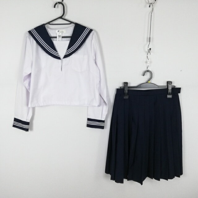 コスプレ セーラー服 スカート 上下2点セット L 白3本線 女子 学生服 中学 高校 紺 制服 中古 GM1492