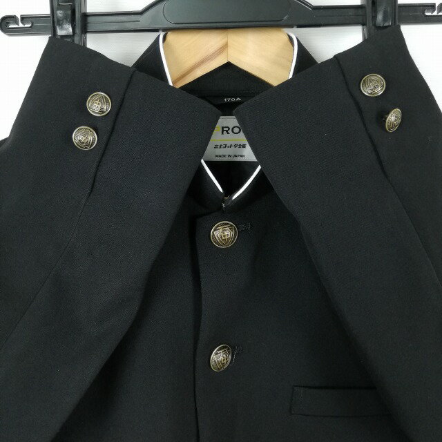 学生服 学ラン 170A 男子 富士ヨット 上着 ウール混 標準型学生服 ラウンドカラー カシドス 黒 中古 ランクC a3 JJ6409
