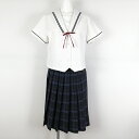 セーラー服 チェックスカート 紐タイ 上下3点セット 夏物 青2本線 女子 学生服 兵庫神戸学院大学附属中学高校 白 中古 ランクC NA8113