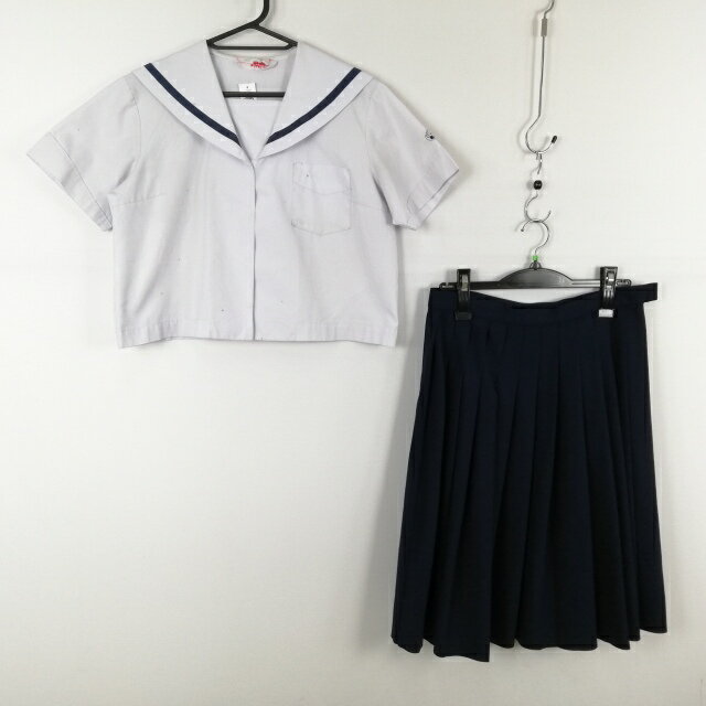 セーラー服 スカート 上下2点セット 160 大きいサイズ トンボ 夏物 青1本線 女子 学生服 鹿児島東谷山中学 白 中古 ランクC EY0066