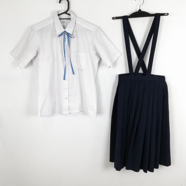 ブラウス スカート 紐タイ 上下3点セット 155 大きいサイズ 夏物 女子 学生服 中学 高校 白 制服 中古 ランクc NA5089