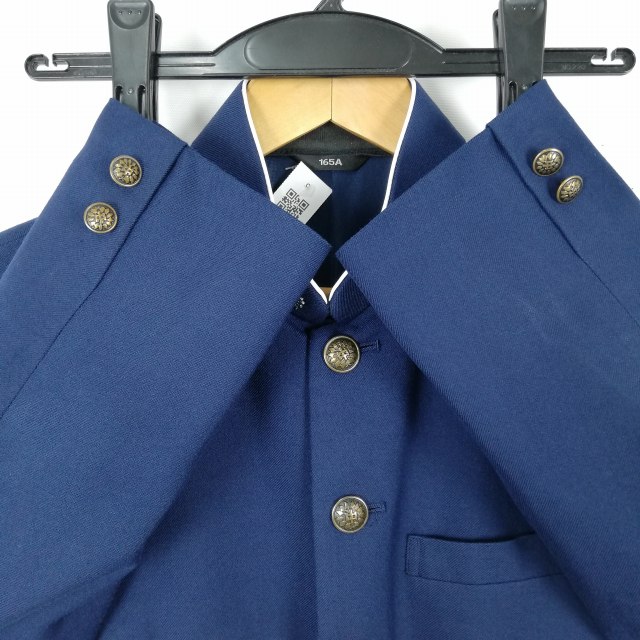 学生服 学ラン 165A 男子 富士ヨット 上着 福岡那珂川北中学 学校指定制服 ラウンドカラー サージ 花紺 中古 ランクC a3 JJ7018