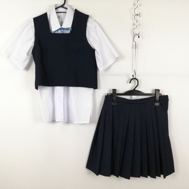 ベスト スカート 紐タイ 上下4点セット 冬物 女子 学生服 中学 高校 紺 制服 中古 ランクC NA4871