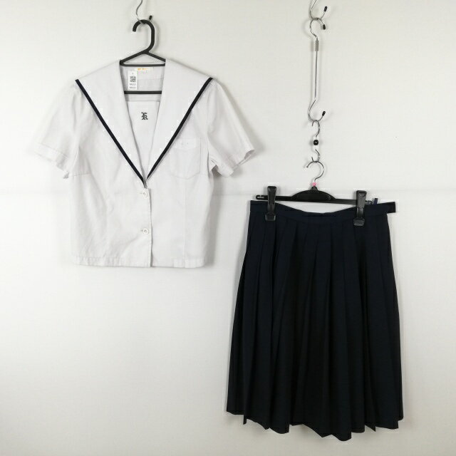 セーラー服 スカート 上下2点セット 大きいサイズ 夏物 青1本線 女子 学生服 石川兼六中学 白 制服 中古 ランクC NA6201