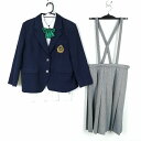 ブレザー チェックスカート リボン 上下4点セット 冬物 女子 学生服 宮崎日本大学中学 紺 制服 中古 ランクC NA8041