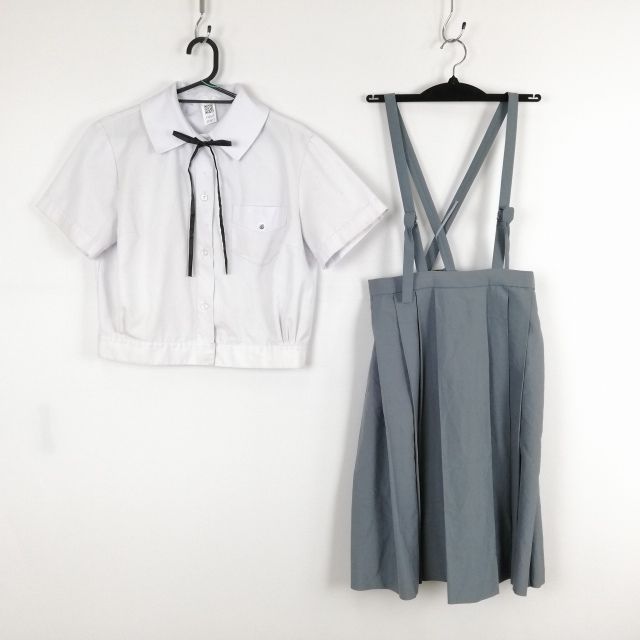 ブラウス スカート 紐タイ 上下3点セット 大きいサイズ 夏物 女子 学生服 中学 高校 白 制服 中古 ランクC EY2617