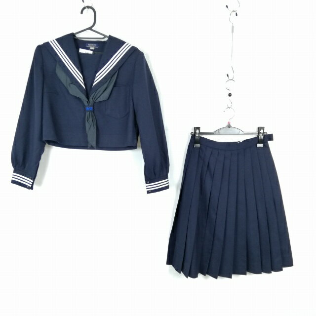 セーラー服 スカート スカーフ 上下3点セット 冬物 白3本線 女子 学生服 熊本西合志南中学 紺 制服 中古 ランクC NA6621