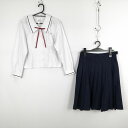 セーラー服 スカート 紐タイ 上下3点セット M 中間服 青1本線 女子 学生服 中学 高校 白 制服 中古 ランクC EY2622