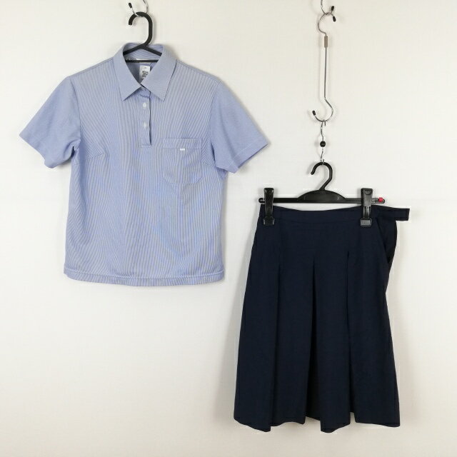 ポロシャツ スカート 上下2点セット M 夏物 女子 学生服 兵庫広嶺中学 ストライプ(青/白) 制服 中古 ランクB NA5943