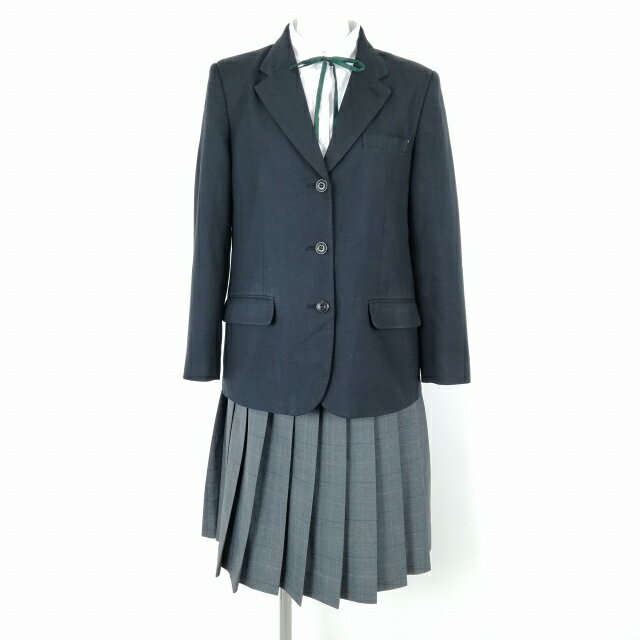 ブレザー チェックスカート 紐タイ 上下4点セット 冬物 女子 学生服 中学 高校 黒 制服 中古 ランクC EY1385